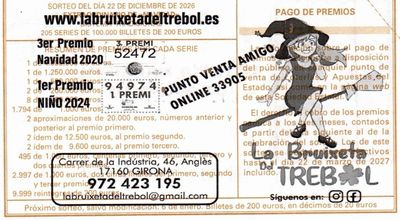 Reverso del décimo 76073 con el sello de la Administración «La Bruixeta del Trèbol», en Anglès